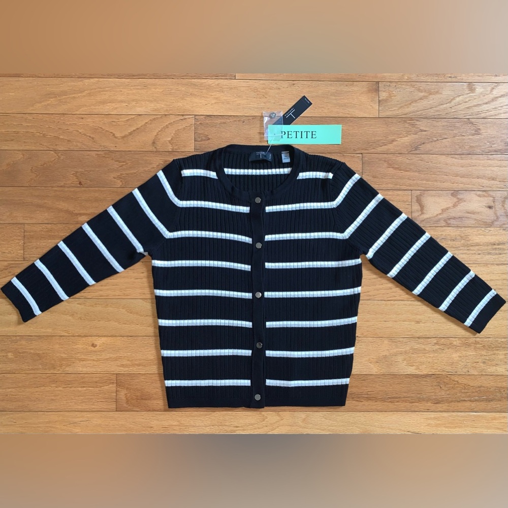 Tahari Black, White & Grey Striped Cardigan Sweater, Petite Medium. NWT!